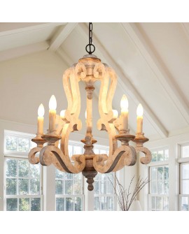 5-Light Farmhouse Chandeleir, Rustic Wood Chandelier Dining Room Chandelier for Kitchen, Living Room, Bedroom, Entry, Stairway