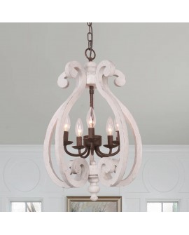 Farmhouse 5-Light Wood Chandelier - Two Way Installed, 5-Light Distressed White Wooden Chandelier