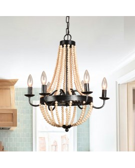 Antique Wood Bead Chandelier Lighting, 6-Light Pendant Light Fixtures Wood Chandelier Farmhouse Wood and Metal Chandelier